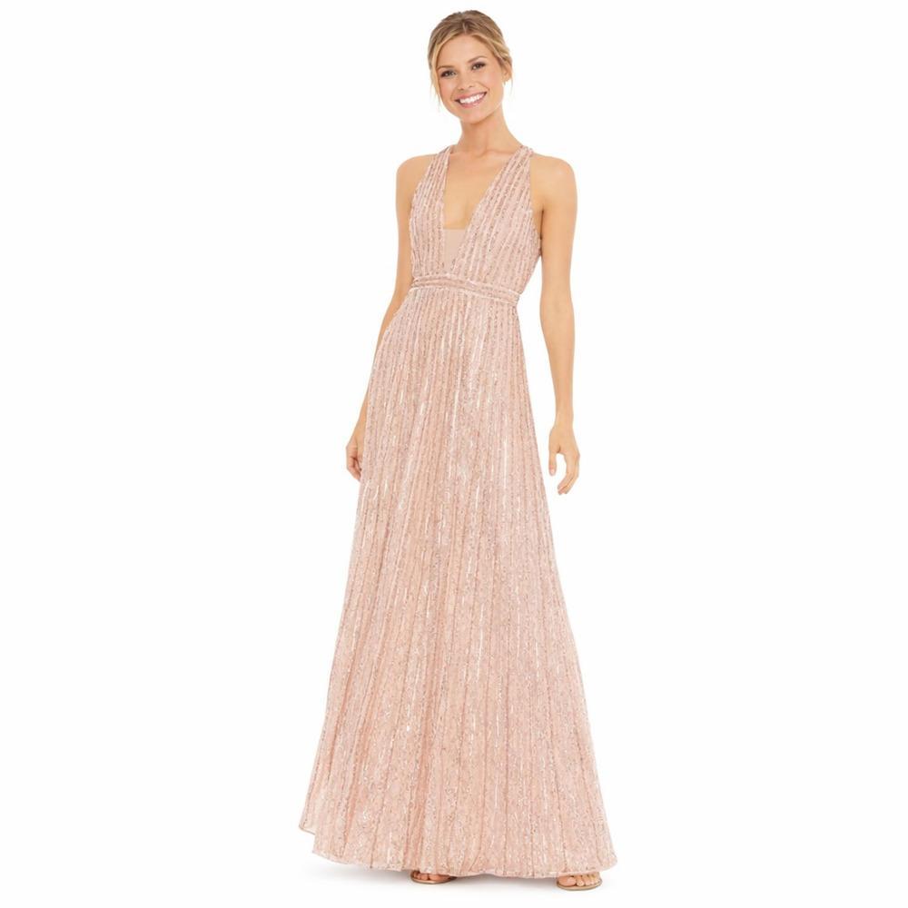 Mac Duggal Formal Evening Gown Womens Plus 20 Pink Beaded Sequin Lace Maxi Dress
